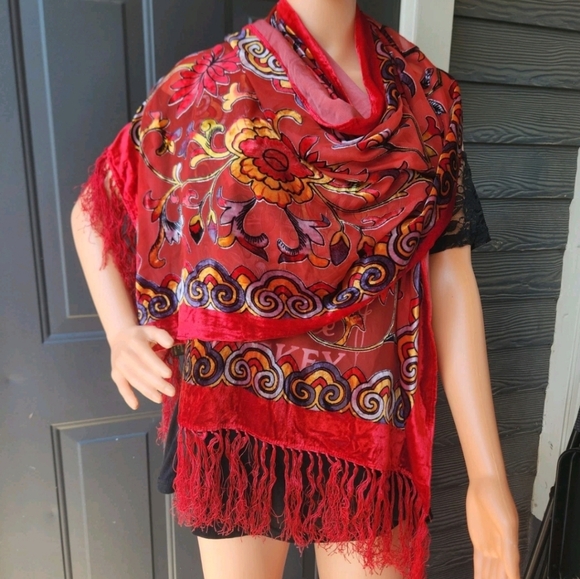J&X NY Red Floral Silk Viscose Velvet Burnout Fringed Scarf Shawl Wrap 76x20 - Picture 8 of 16